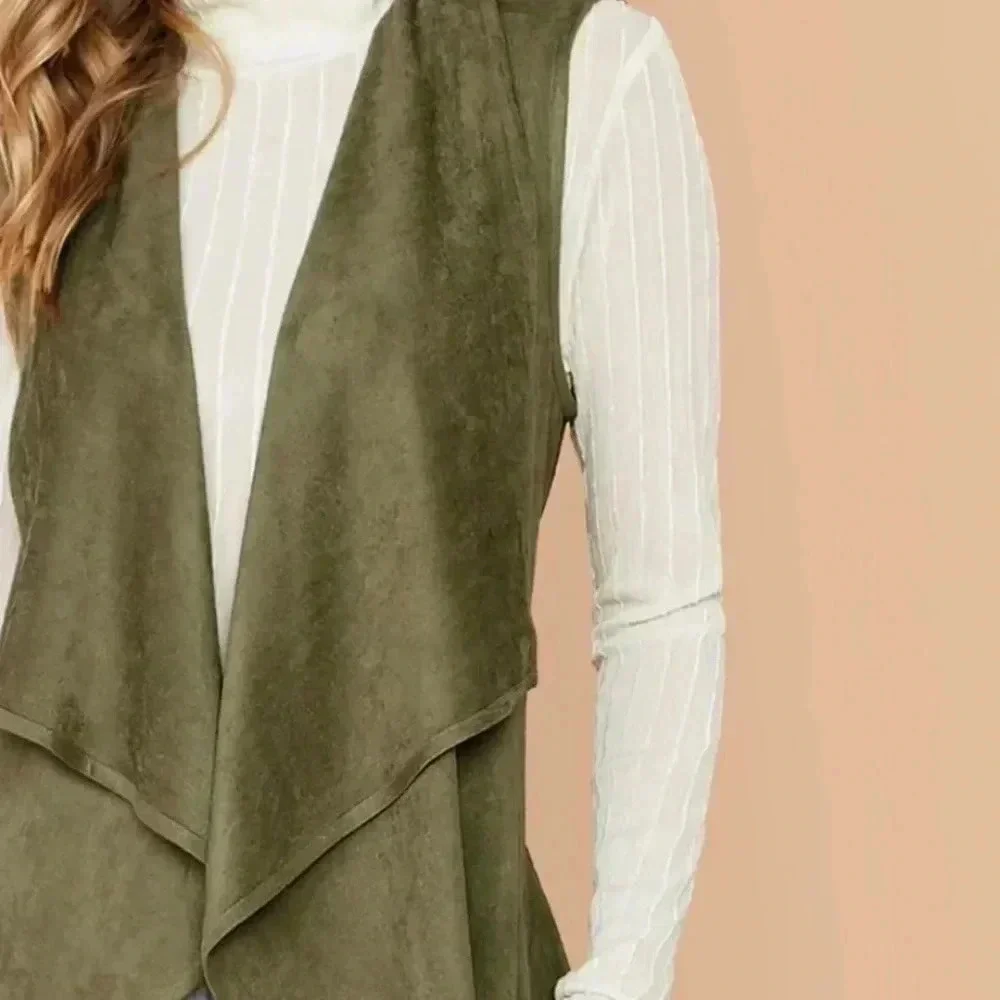 Waterfall collar self Belted asymmetrical hem vest